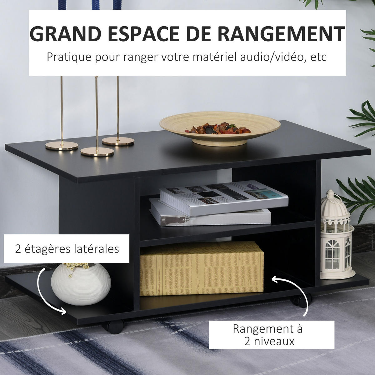 TV-BANK Schwarz 80/40/40 cm, auf Rollen, mit Ablagen - Schwarz, Holz (80/40/40cm) - PANGIVO