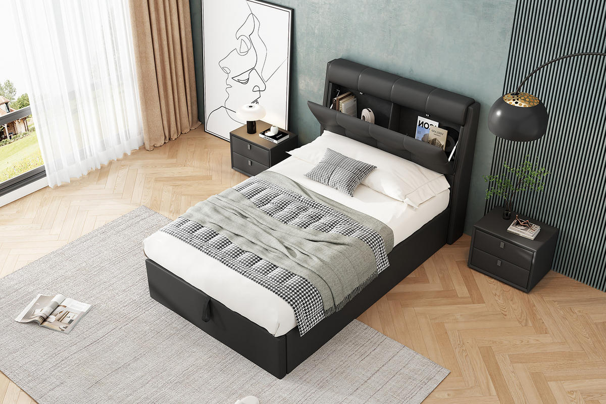 POLSTERBETT 90/200 cm Schwarz hydraulisches Bett mit Lattenrost und verstecktem Stauraum - Schwarz, Kunststoff (90/200cm) - OKWISH