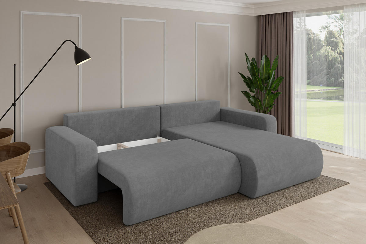 ROHOVÁ SEDAČKA s funkcí spaní, otoman vpravo BERY-L 276x193x88 šedá velur - černá/šedohnědá, kompozitní dřevo/textil (276/193cm) - ALTDECOR