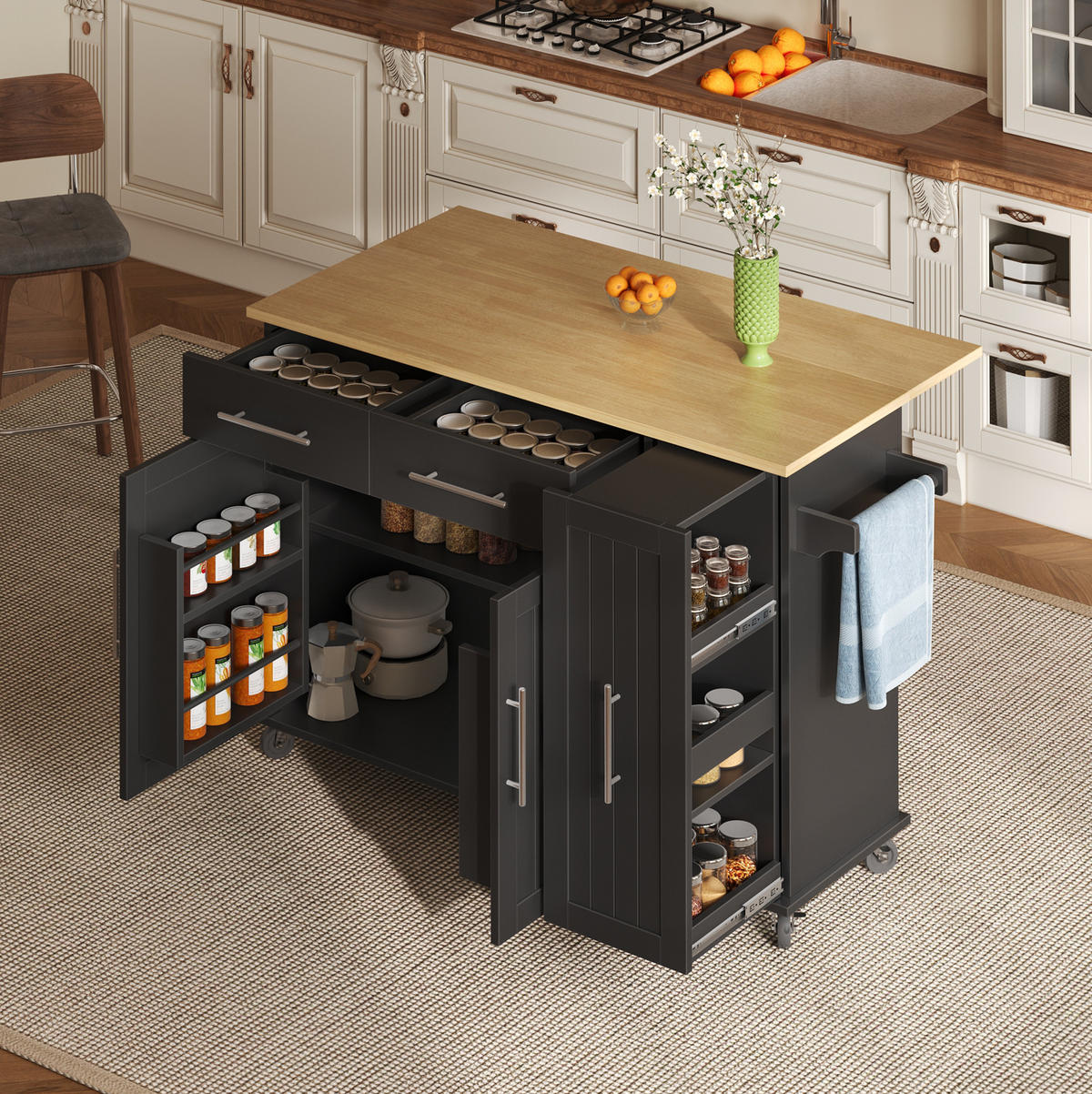 KÜCHENINSEL mit Klappblatt 120 x 40/65 x 90 cm Schwarz/Natur - Schwarz, Holz (40/90/120cm) - Beauniv