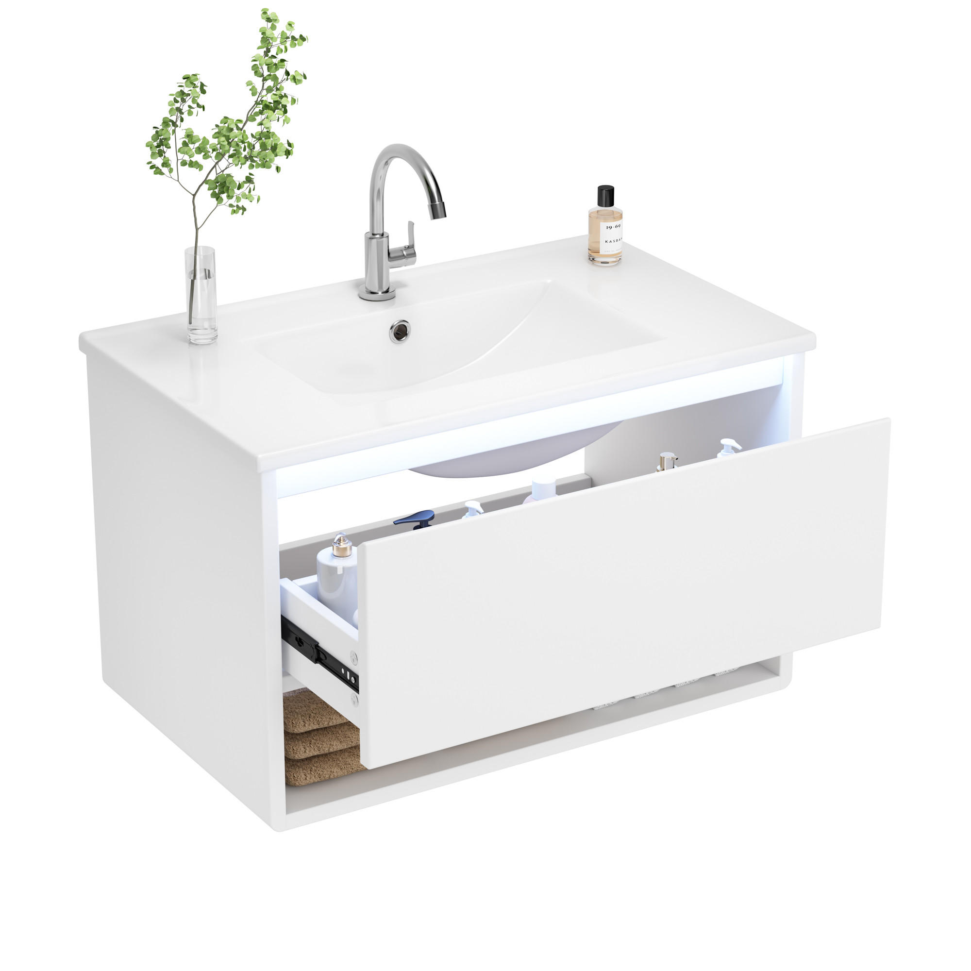 WASCHTISCHUNTERSCHRANK 76,5×46×45 cm, weiß, wandhängend, lackiert, mit LED-Bewegungssensor, 1 Schublade, offenem Fach, leisen Schienen, Waschbecken - Weiß, Holzwerkstoff (46/45/76cm) - Ej. Life