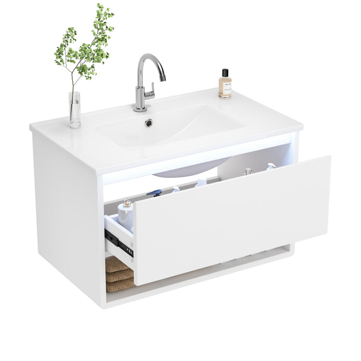 WASCHTISCHUNTERSCHRANK 76,5×46×45 cm, weiß, wandhängend, lackiert, mit LED-Bewegungssensor, 1 Schublade, offenem Fach, leisen Schienen, Waschbecken - Weiß, Holzwerkstoff (46/45/76cm) - Ej. Life