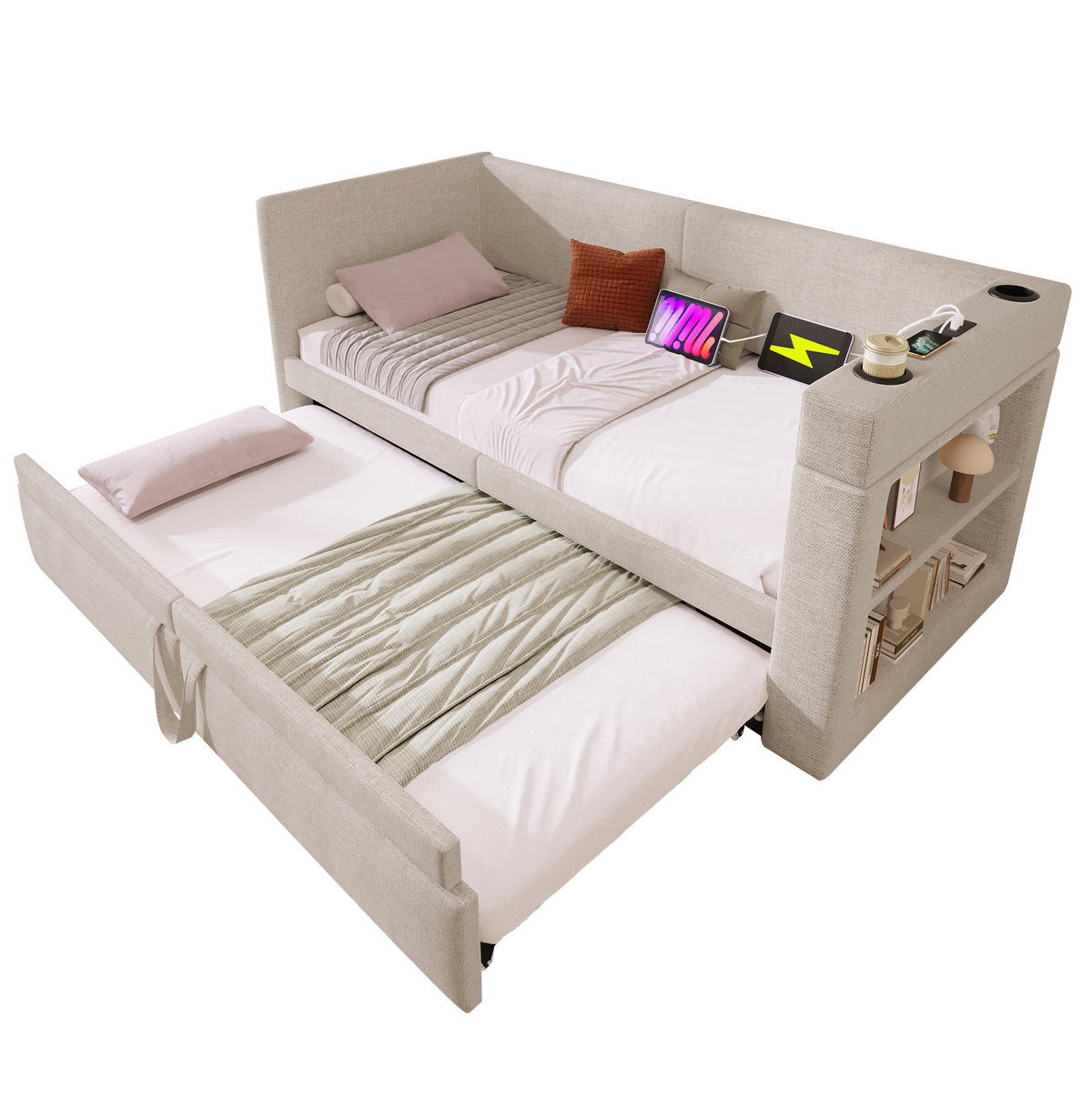 DAYBED 90/200 cm bež od pamuka i lana s izvlačnim ležajem i USB punjenjem - bež, tekstil (90/200cm) - OKWISH