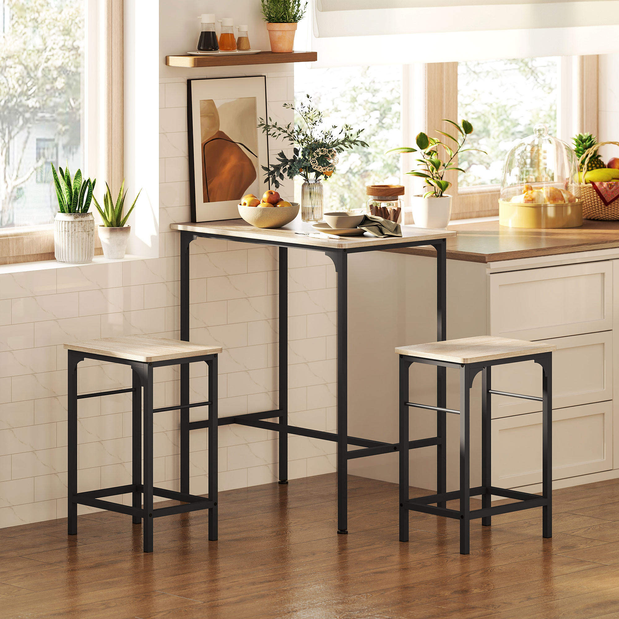 BARTISCH Set Bartisch mit Barhocker-Set, Naturholz - Naturfarben, Holz (80/87/50cm) - HOMCOM