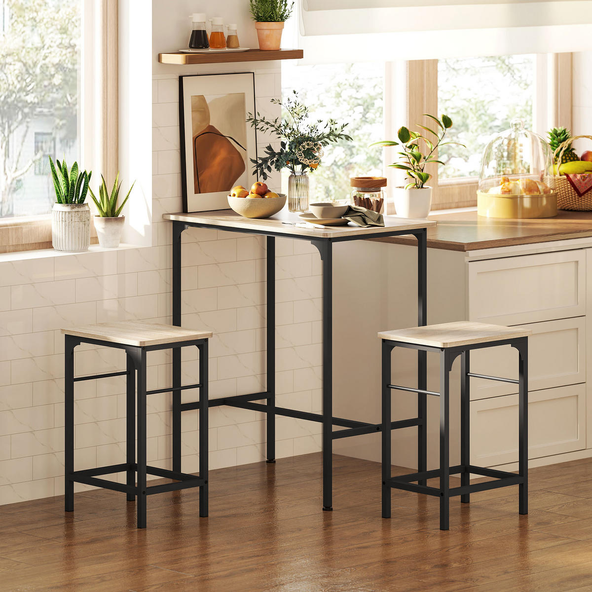 BARTISCH Set Bartisch mit Barhocker-Set, Naturholz - Naturfarben, Holz (80/87/50cm) - HOMCOM