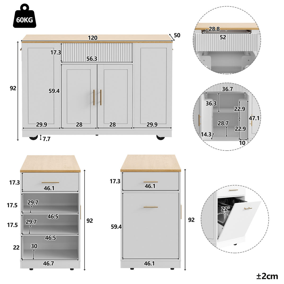 KÜCHENINSEL 120/50/92 cm weiß aus MDF mit Rollen - Weiß, Holzwerkstoff (120/92/50cm) - OKWISH