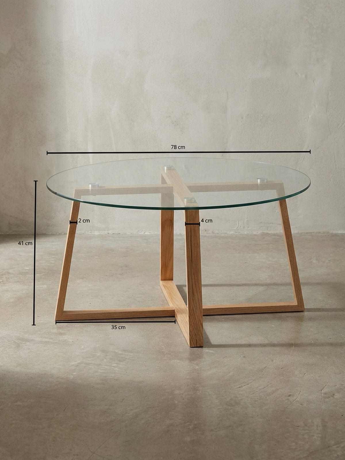 COUCHTISCH in Eiche mit transparenter Glasplatte und überkreuztem Gestell, modernes Design - Beige/Braun, Glas/Eichenholz (78/78/41cm) - KADIMA DESIGN