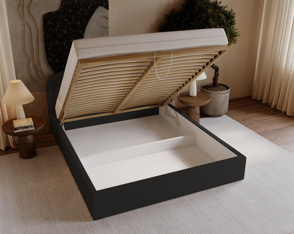 DOPPELBETT 180x200 Dune mit Bettkasten, runde Kopfteil, Bouclé, Schwarz - Schwarz, Holz/Textil (180/200cm) - Emporius