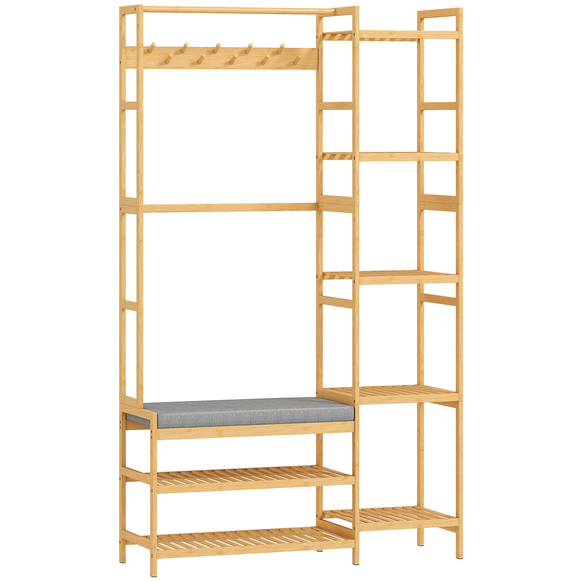GARDEROBENSTÄNDER mit 10 Haken 104/33/175 cm Natur - Naturfarben/Grau, Holz/Bambusholz (33/175/104cm) - HOMCOM