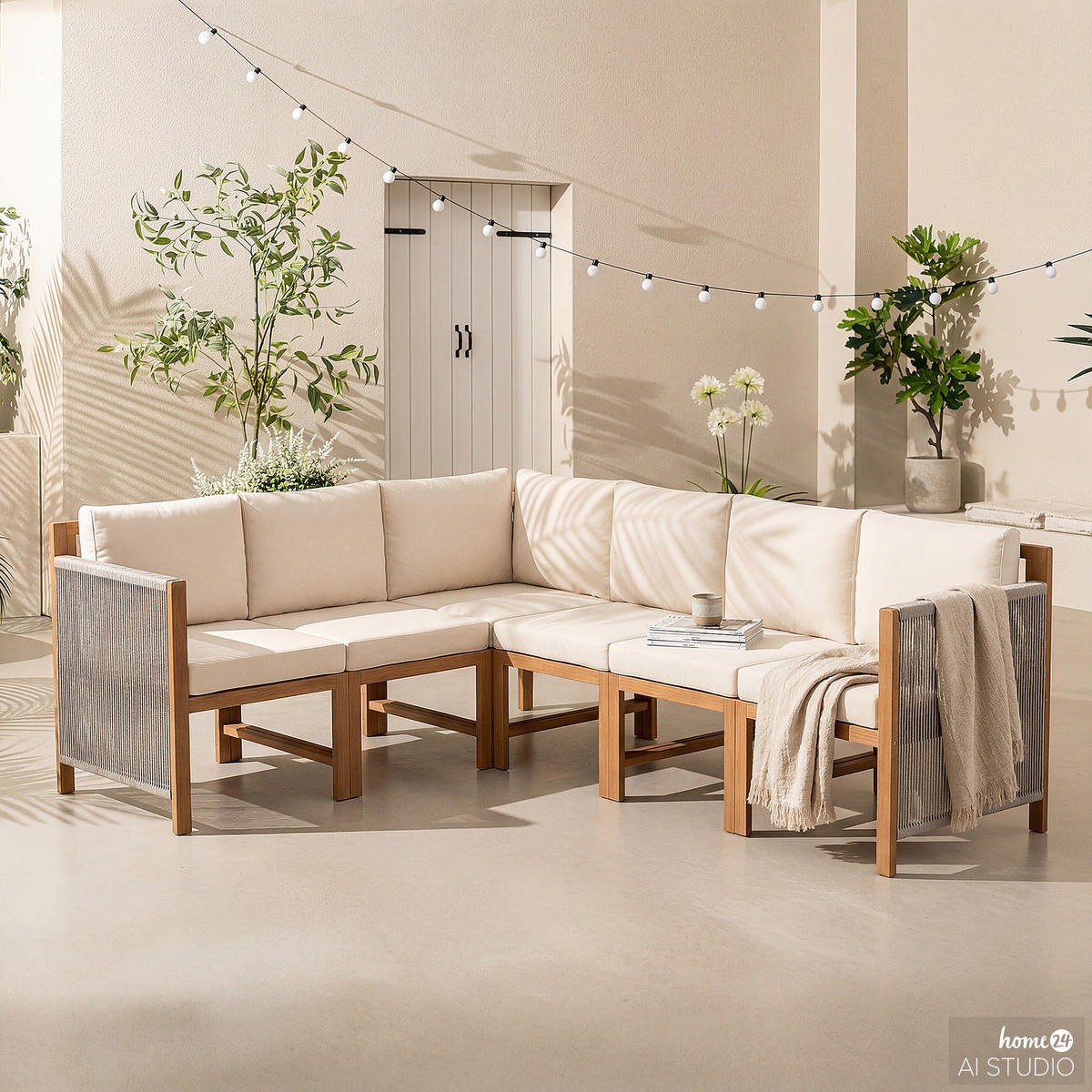 DINING-LOUNGESET - 6-teilig - Akazie massiv / Polyester - Braun / Beige - Beige/Braun, Holz/Textil - home24