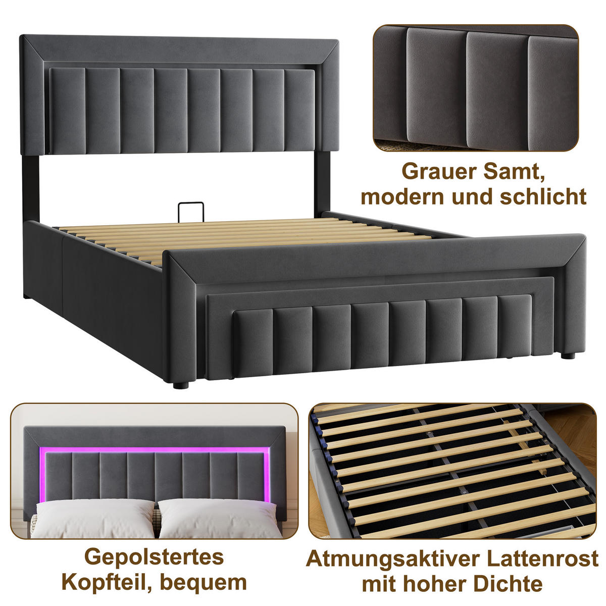 POLSTERBETT 140/190 cm mit hydraulischem Bettkasten, Schublade mit Rollen, LED-Beleuchtung, Grau - Grau, Textil (140/190cm) - Redom