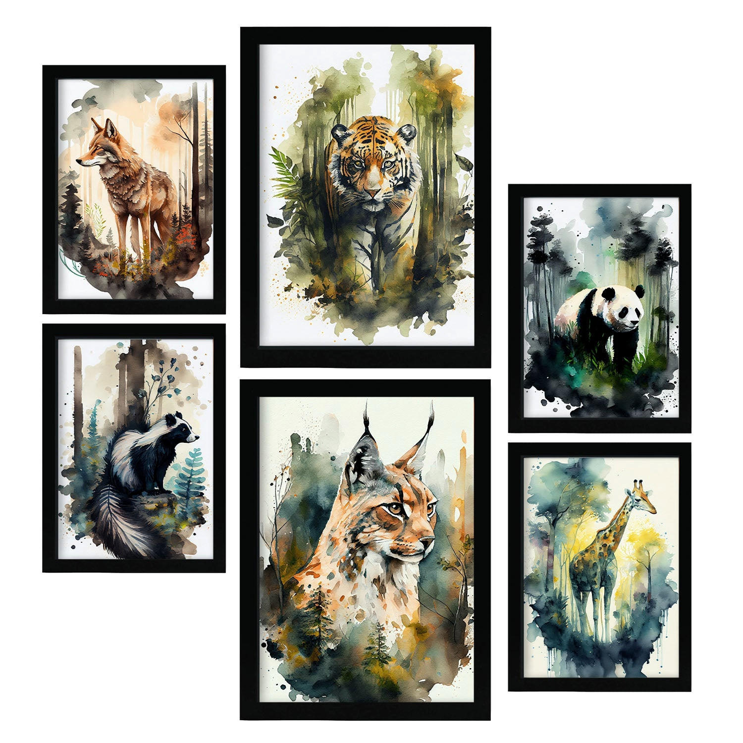 POSTER Set Mit 6 Warm Und Kalt Illustrationen Von Tieren In Naturlandschaften, Realistischer Aquarellstil Innenarchitektur A3 & A4 Schwarzer Rahmen - Schwarz, Papier (29/3cm) - Nacnic