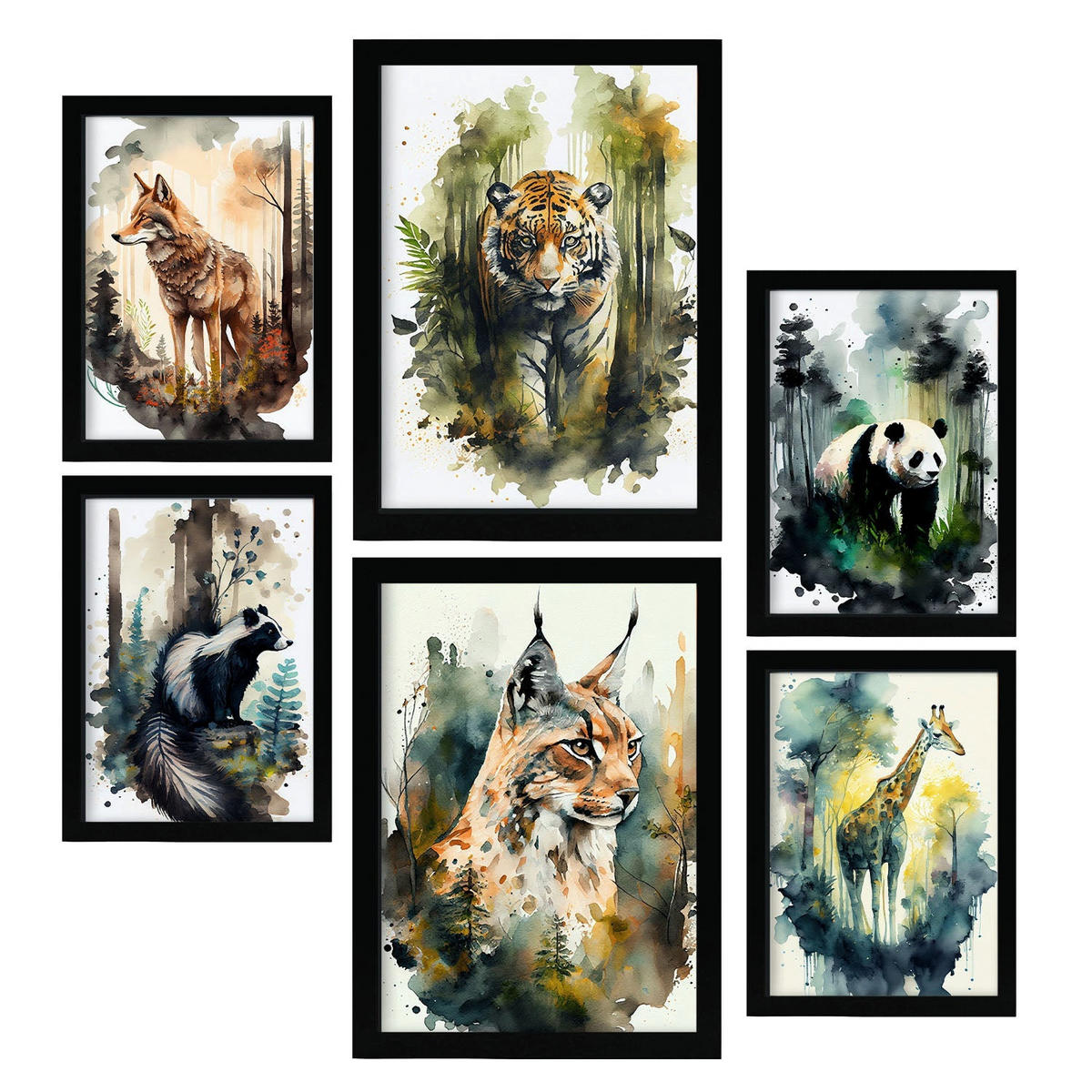 POSTER Set Mit 6 Warm Und Kalt Illustrationen Von Tieren In Naturlandschaften, Realistischer Aquarellstil Innenarchitektur A3 & A4 Schwarzer Rahmen - Schwarz, Papier (29/3cm) - Nacnic