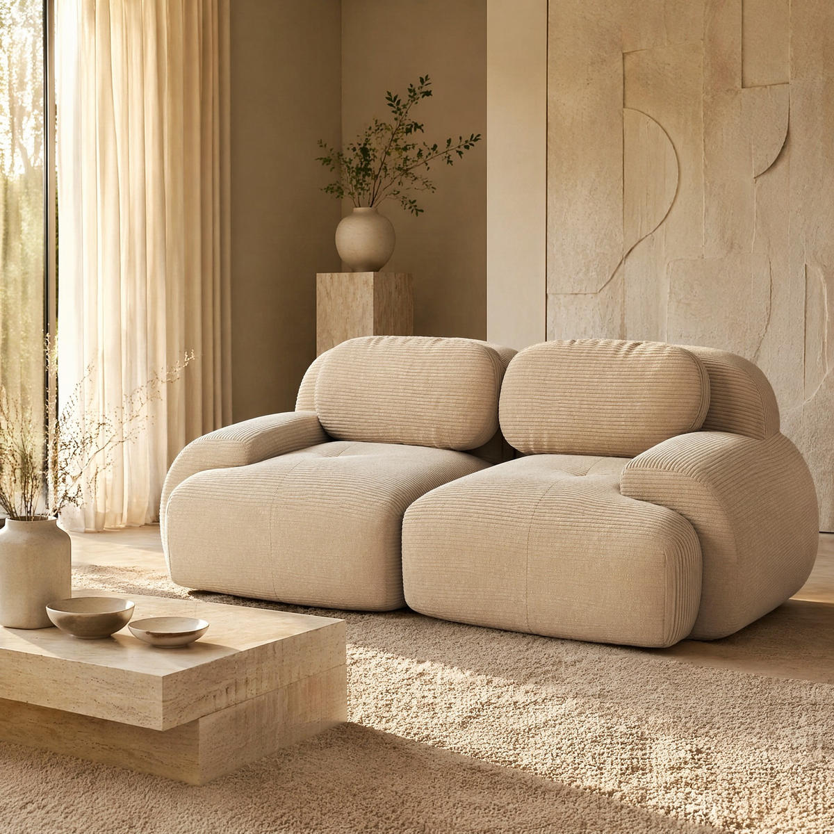 ECKSOFA 208/103/70 cm in Beige aus Cord mit modularem Design und rutschfester Unterseite - Beige, Textil (103/70/208cm) - Flora Grace