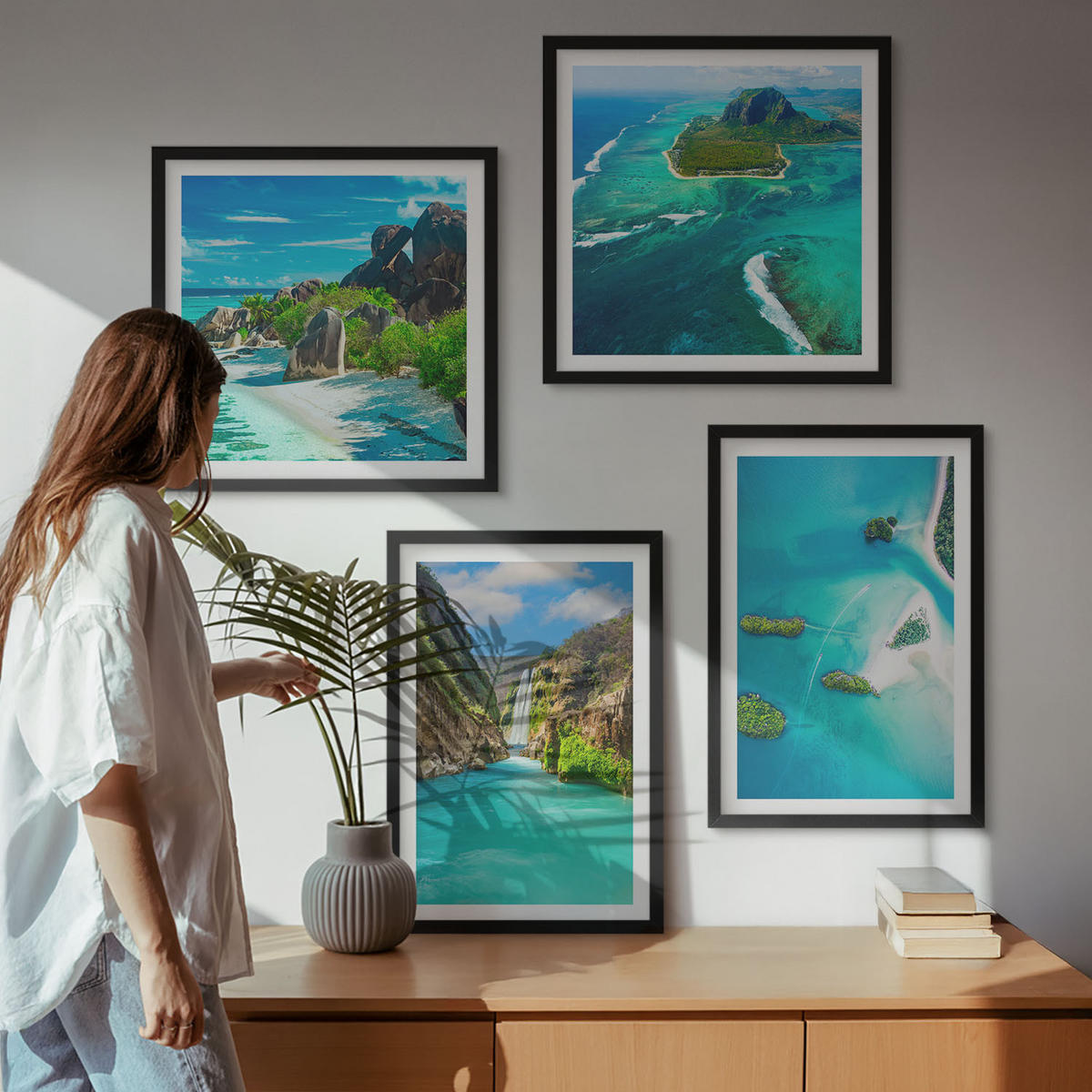 WANDBILDER 4er-Set - 50x50 cm & 40x60 cm Schwarzer Rahmen - Tropische türkisfarbene Inseln - Schwarz, Kunststoff (50/50cm) - ArtPrintCave