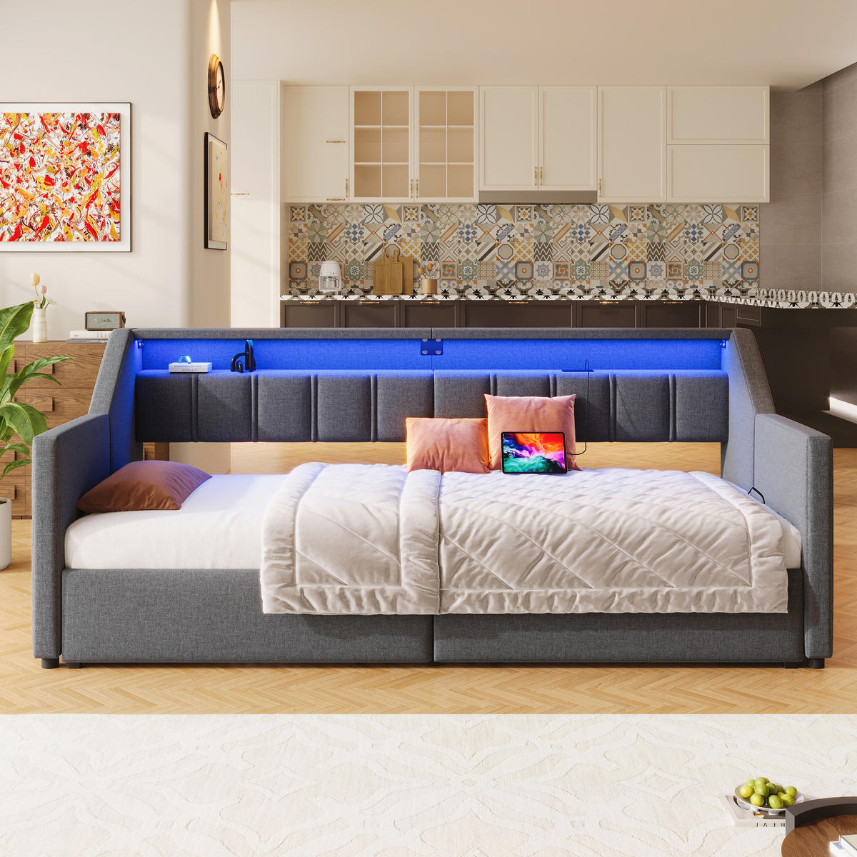 TAGEBETT 90x200cm Grau USB-C LED-Leiste 2 Schubladen Ausziehbett - Grau, Holz (90/200cm) - FLIEKS