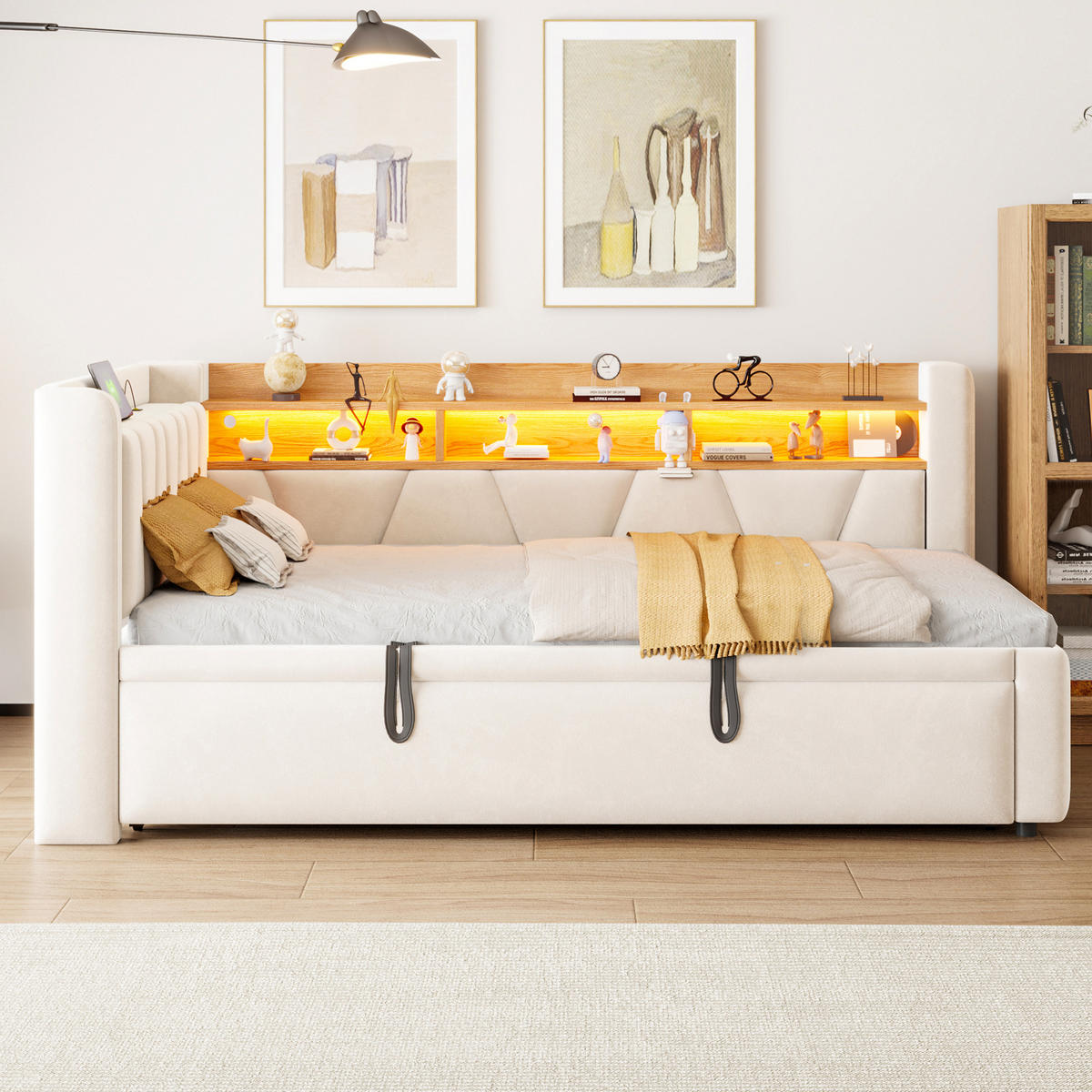 TAGESBETT 90x200/90x190 mit LED, USB/Stauraum, 3-in-1 Funktion, Samt, Beige - Beige, Holz (90/200cm) - LVHOM