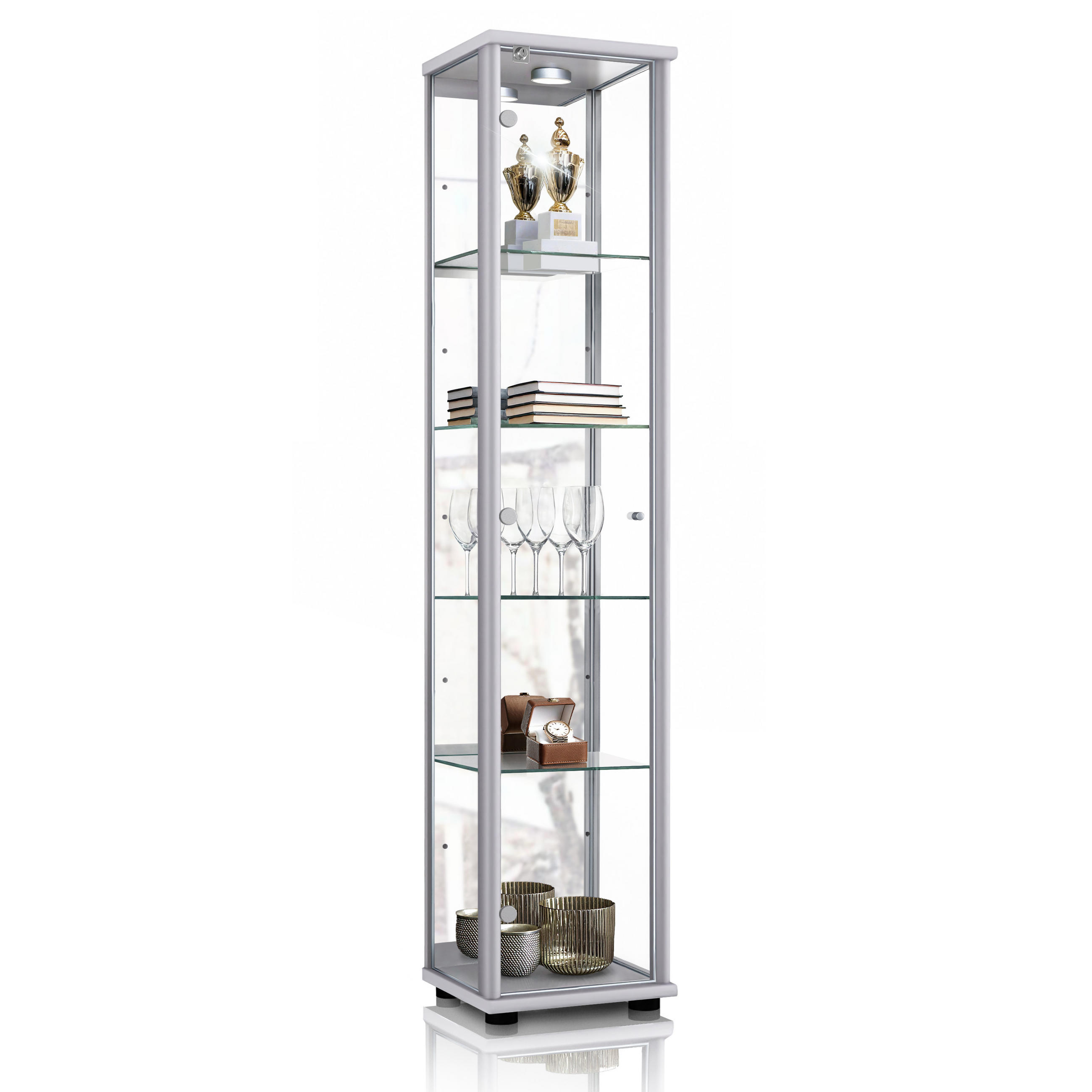 GLASVITRINE 33/37/176 cm mit Spiegel, LED, Schloss & 4 höhenverstellbaren Glasböden - Transparent/Silberfarben, Glas/Holzwerkstoff (37/176/33cm) - K-Möbel