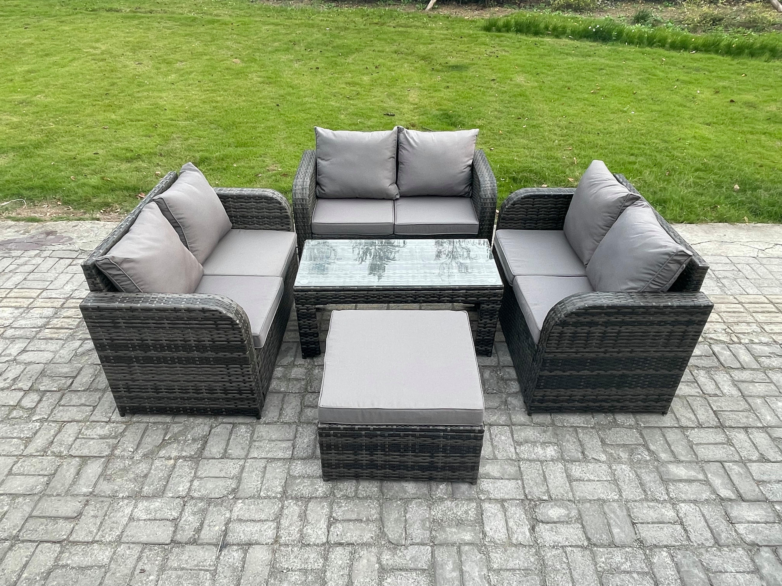 GARTENSOFA SET mit rechteckigem COUCHTISCH Polyrattan 7-Sitzer Dunkelgrau - Dunkelgrau/Grau, Glas/Kunststoff - Fimous