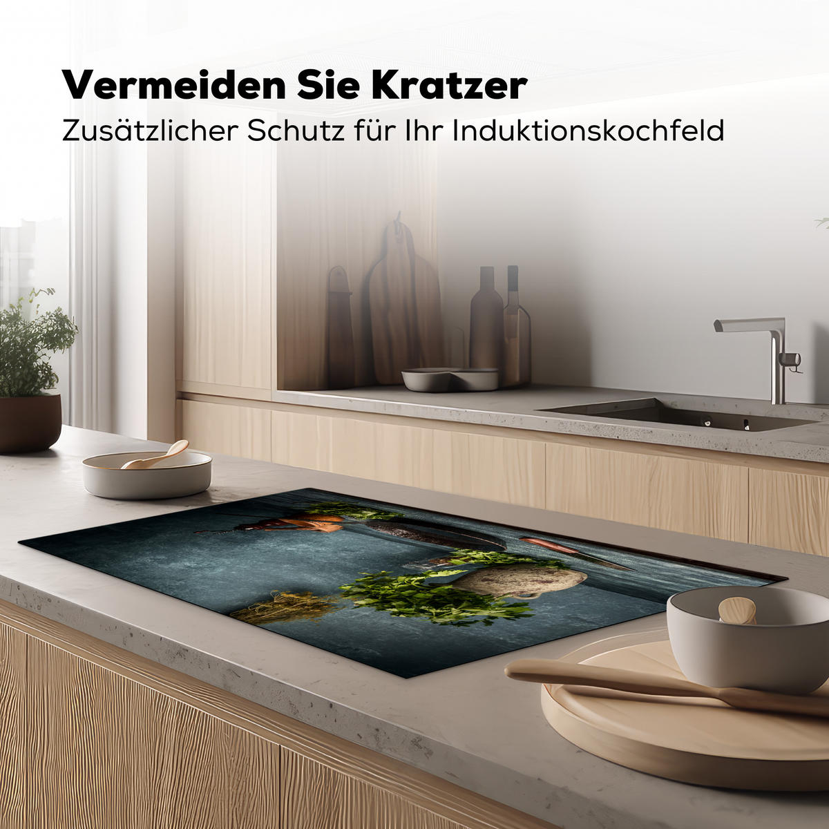 HERDABDECKPLATTE Kräuter - Gewürze - Pfanne - Messer - Grau - Rustikal 89x51 cm - Petrol, Kunststoff (89.6/0.2/51.6cm) - MuchoWow