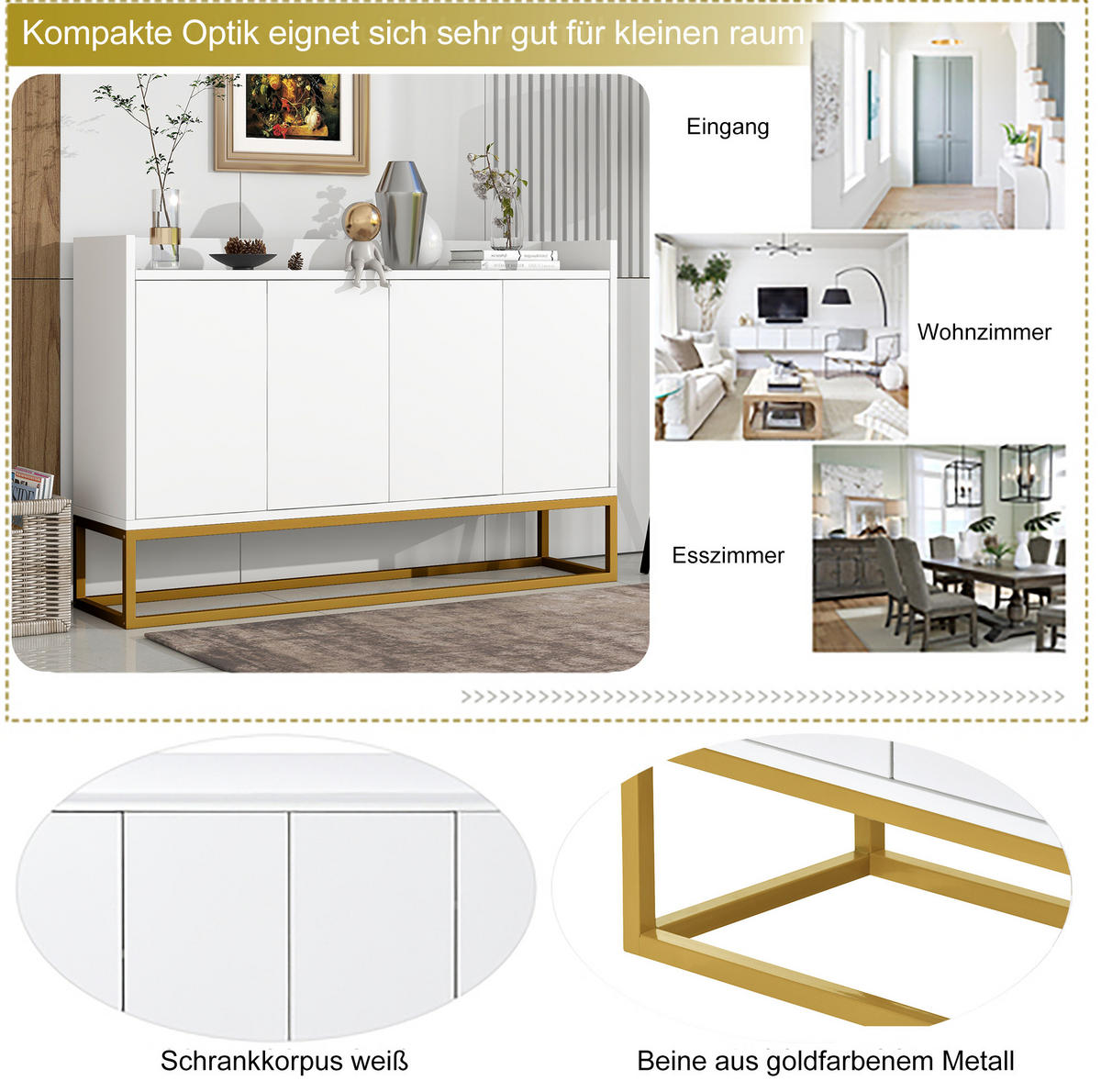 SIDEBOARD aus Spanplatte und MDF 120x30x80 cm Weiß mit 4 Türen und verstellbaren Einlegeböden - Weiß, Holzwerkstoff (120/80/30cm) - IVMEU