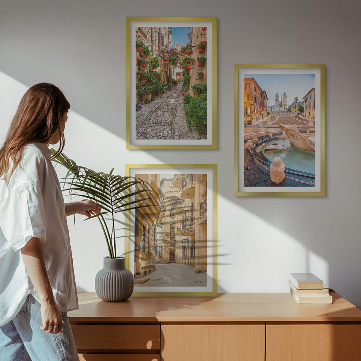 BILDER SET 3er Set - 40x60 cm Goldrahmen - Die bezaubernden Straßen des Brunnens - Goldfarben, Kunststoff (40/60cm) - TULUP