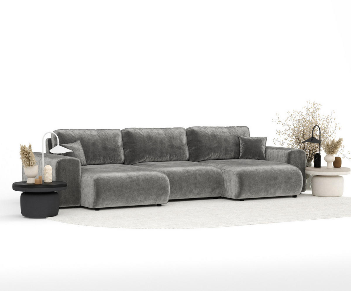 PANORAMASOFA Zanzibar Grau Chenille - Schwarz/Grau, Holz/Holzwerkstoff (325/79/144cm) - Maison de Reve