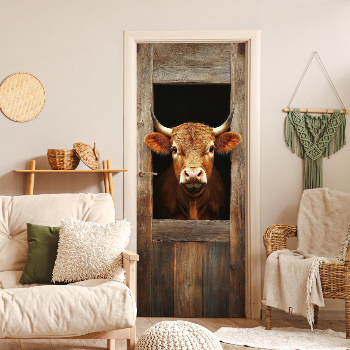 TÜRAUFKLEBER Kuh - Fenster - Holz - Tiere Wanddeko 90x205 cm - Türtapete - Wengefarben, Kunststoff (90/0.1cm) - MuchoWow
