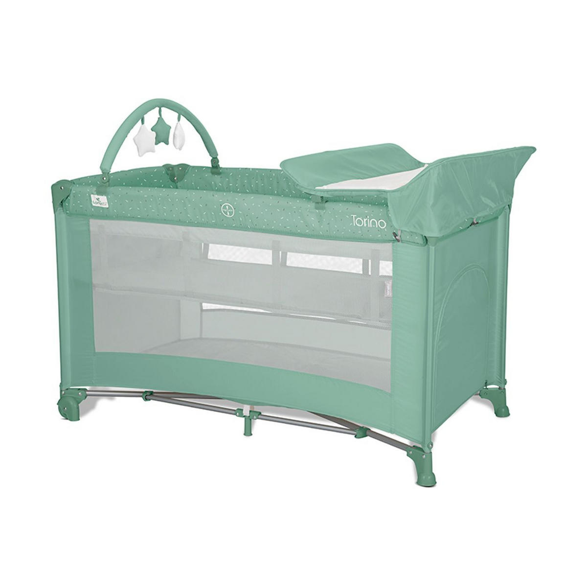 REISEBETT Torino plus 2 hellgrün Wickelauflage Spielbogen Räder faltbar - Grün, Kunststoff (70/127cm) - Lorelli