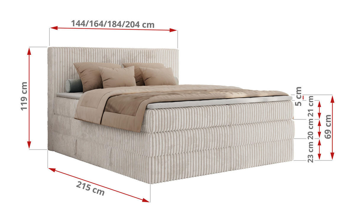 BOXSPRINGBETT TILIANO KING - 180/200 - Beige Cord - H3 - Beige, Holz/Textil (180/200cm) - MKS