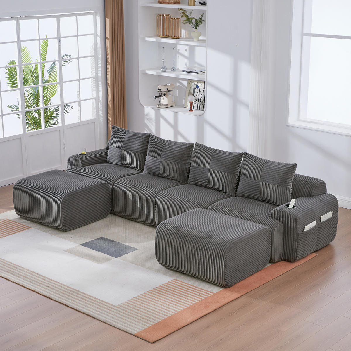 WOHNLANDSCHAFT 333/174/80 cm in Dunkelgrau, modular mit Cupholder und Seitentasche - Dunkelgrau, Textil (174/80/333cm) - Flora Grace