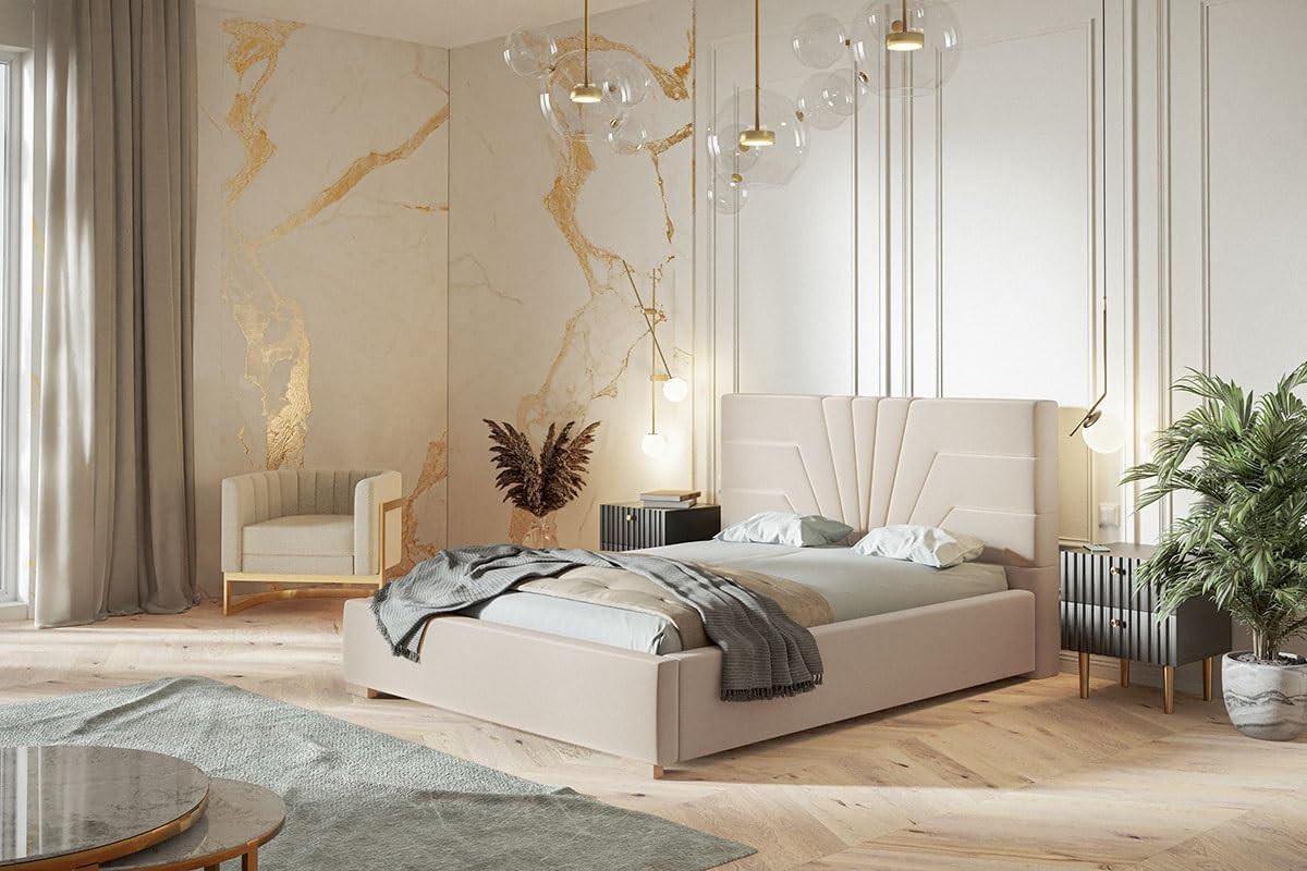 POLSTERBETT Athene mit Kopfteil, 160x200 cm, Doppelbett mit Bettkasten und Lattenrost aus Holz, Velourstoff Beige - Beige, Holz/Textil (160/200cm) - Alpi-Möbel