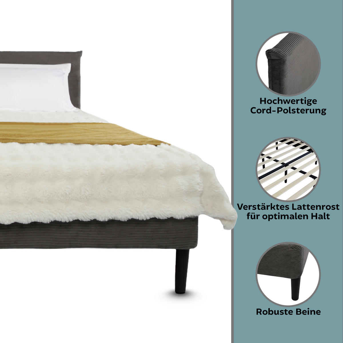 POLSTERBETT 160x200 cm Grau cord - Grau, Textil (160/200cm) - Home Collective