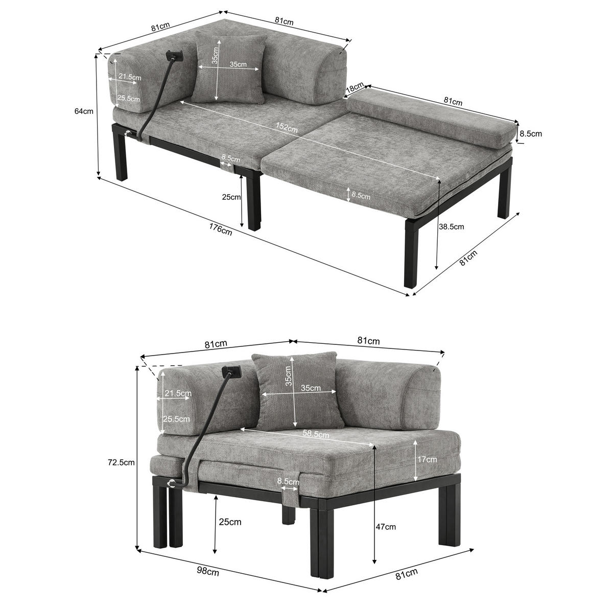 SCHLAFSOFA aus Samt Hellgrau mit ausziehbarer Einzelfunktion und klappbarem, platzsparendem Design - Hellgrau, Textil (176/64/81cm) - Modfu