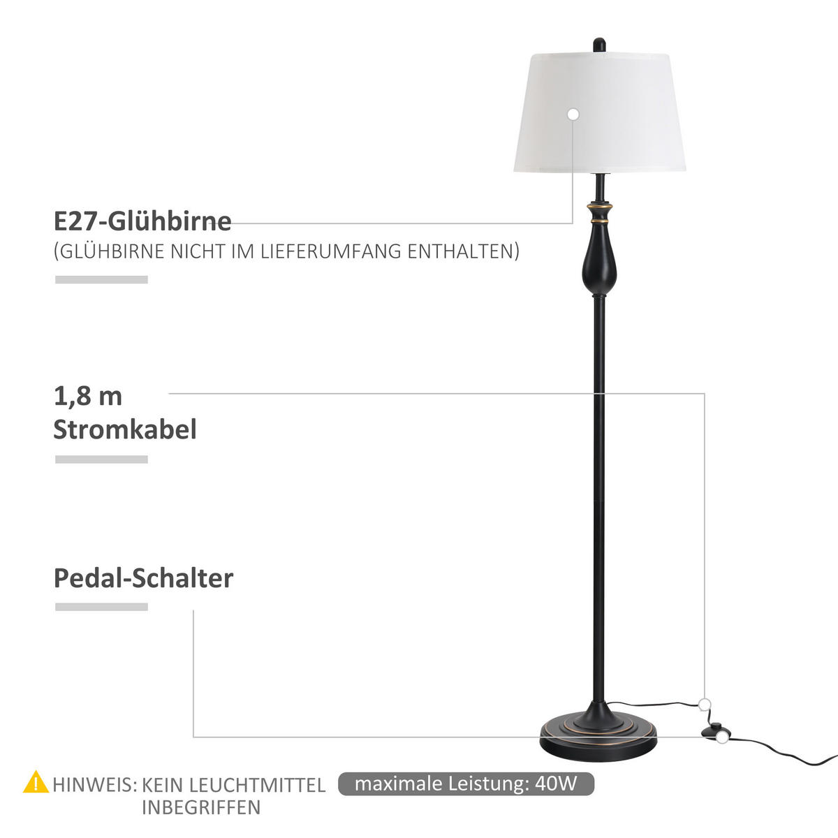 LAMPENSET, 3-tlg., Schwarz+Weiß, Metall, PS - Multicolor, Metall (38/158/30cm) - HOMCOM