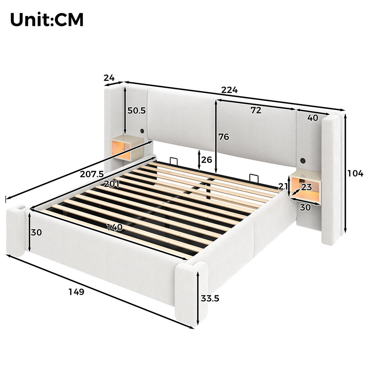 POLSTERBETT aus Leinen und MDF 140x200 cm Beige mit LED-Beleuchtung und hydraulischem Stauraum - Beige, Textil (140/200cm) - Modfu