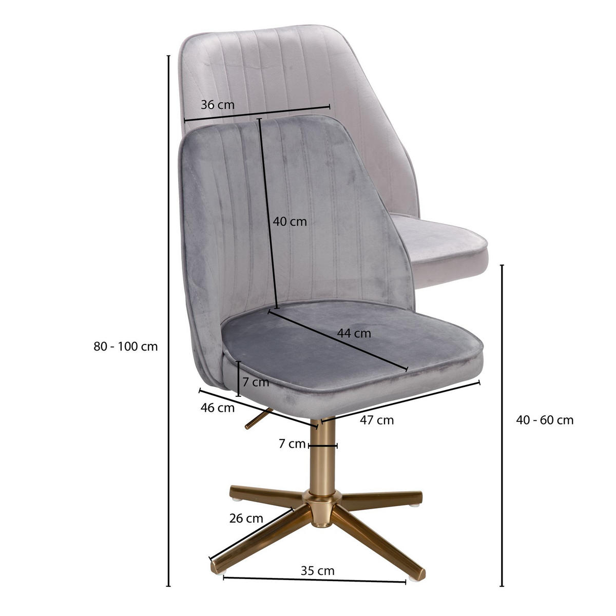DREHSTUHL Samt mit Höhenverstellung, Eisenfuß und 360° Drehfunktion TANARO, Grau 60x60x100 cm - Goldfarben/Grau, Textil/Metall (60/100/60cm) - KADIMA DESIGN