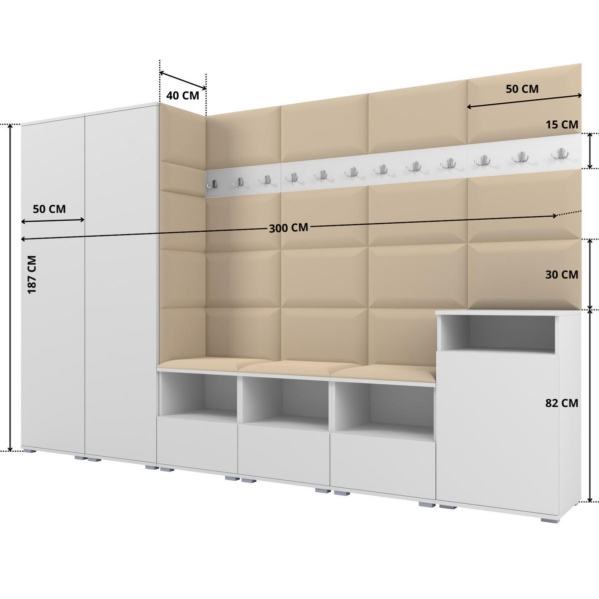 GARDEROBE NELA XII 300 cm (Modulare Flurmöbel Weiß mit Sitzpolster Beige 04 Gigantisches Set) - Beige/Silberfarben, Holz/Holzwerkstoff (300/187/40cm) - Ravio