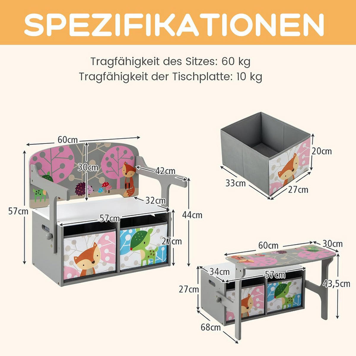 KINDERSITZBANK 3-in-1 Tisch-Sitzbank-Set grau - Grau, Holzwerkstoff (60/57/42cm) - COSTWAY