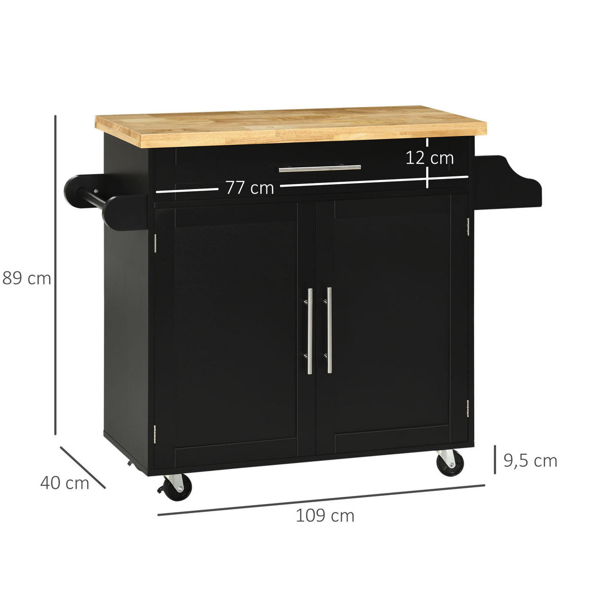 KÜCHENINSEL 109/40/89 cm schwarz aus Holz mit Rollen und verstellbarem Regal - Schwarz, Holz (109/89/40cm) - OKWISH