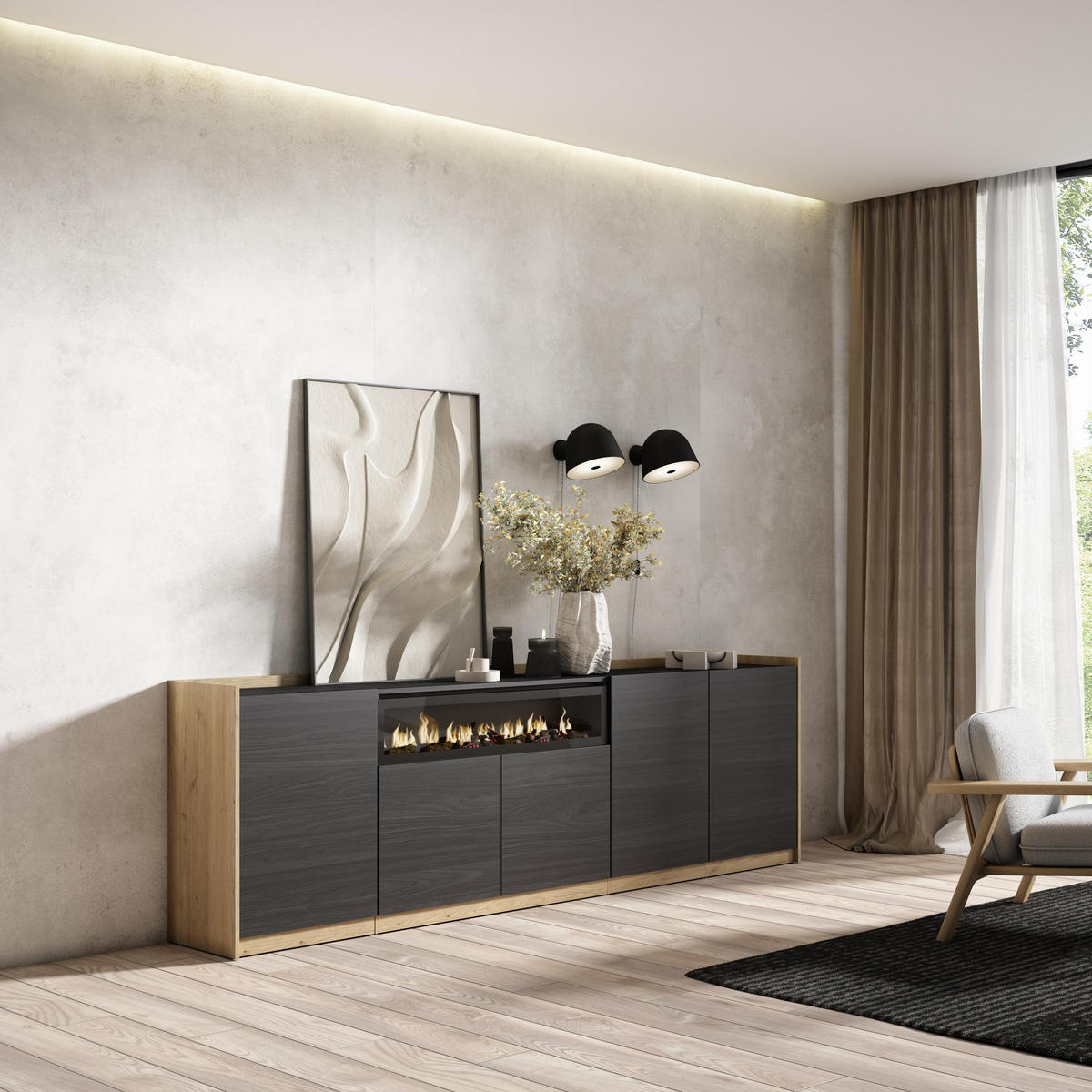 SIDEBOARD, Highboard, Schwarz Eiche, Elektrokamin, 260/37/80cm - Schwarz, Holzwerkstoff (260/80/37cm) - Skraut Home