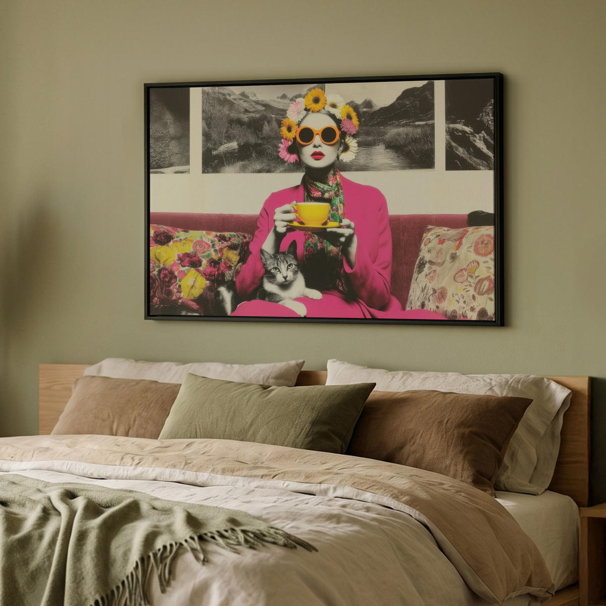 LEINWAND Bilder mit Rahmen - Frau - Katze - Blumen - Tasse - Retro - 90x60 - Magenta, Textil (90/60cm) - MuchoWow