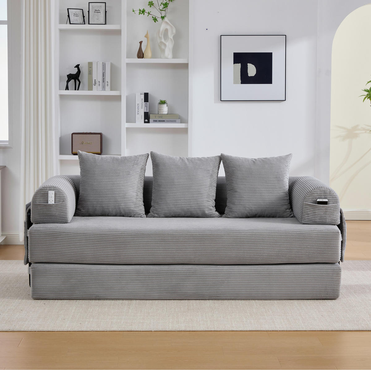SOFA 200/190 cm in Hellgrau mit Seitentasche und 3 Kissen - Hellgrau, Textil (94/67/200cm) - Flora Grace