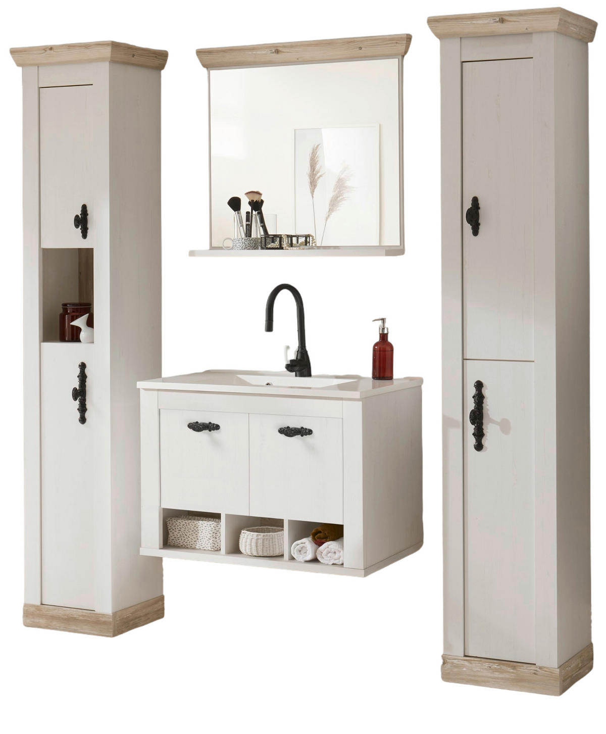 BADKOMBINATION Pinie weiß, Oslo Pinie, Landhaus Badmöbel Set 5-tlg. hängend MIT Waschbecken 205 x 200 cm - Anthrazit/Weiß, Holzwerkstoff/Metall (205/200/46cm) - Furn.Design