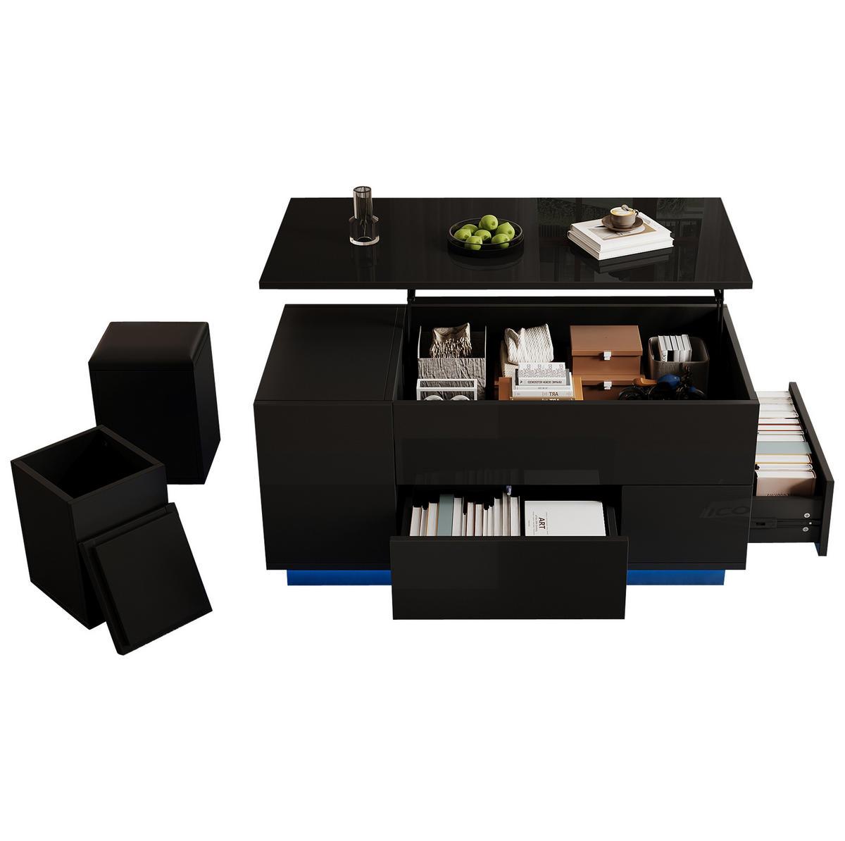 COUCHTISCH 100/50/45 cm höhenverstellbar mit LED-Beleuchtung und 2 Hockern, Schwarz - Schwarz, Holzwerkstoff (100/50/45cm) - Flora Grace