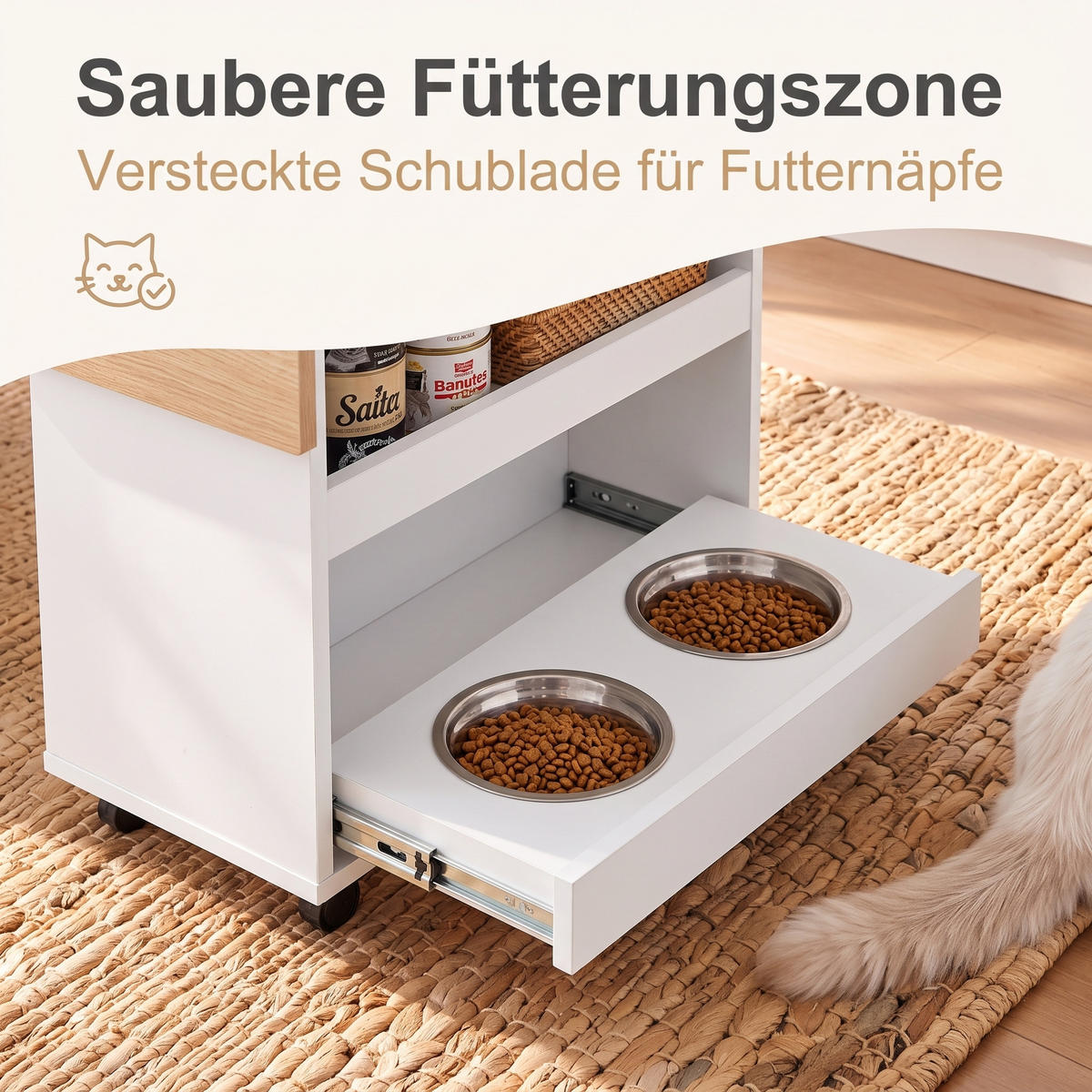 KÜCHENINSEL auf Rollen 100/60/84.5 cm Weiß mit ausziehbarer Arbeitsplatte, 2 Schubladen und Katzenfutterstation - Schwarz/Weiß, Holz/Holzwerkstoff (120/86/60cm) - Oxeza