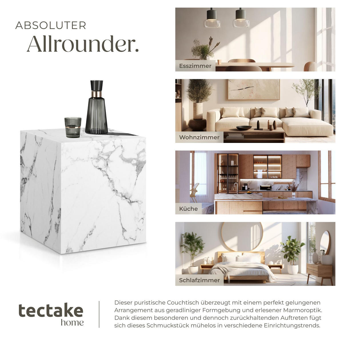 COUCHTISCH Lasley, inkl. Bodenschoner, Belastbarkeit 45 kg, Marmor Optik weiß - Weiß, Holz (45/45/50cm) - tectake