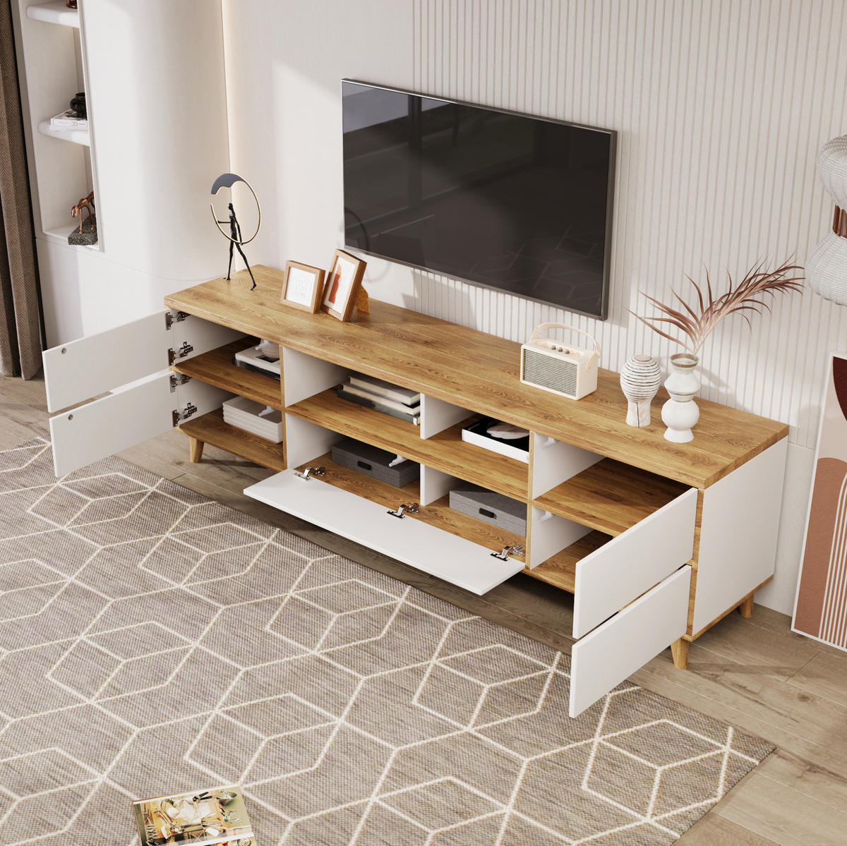 TV-ELEMENT mit 4 Türen 175 x 37 x 51 cm MDF Weiß und Holzoptik - Weiß, Holzwerkstoff (37/51/175cm) - Beauniv