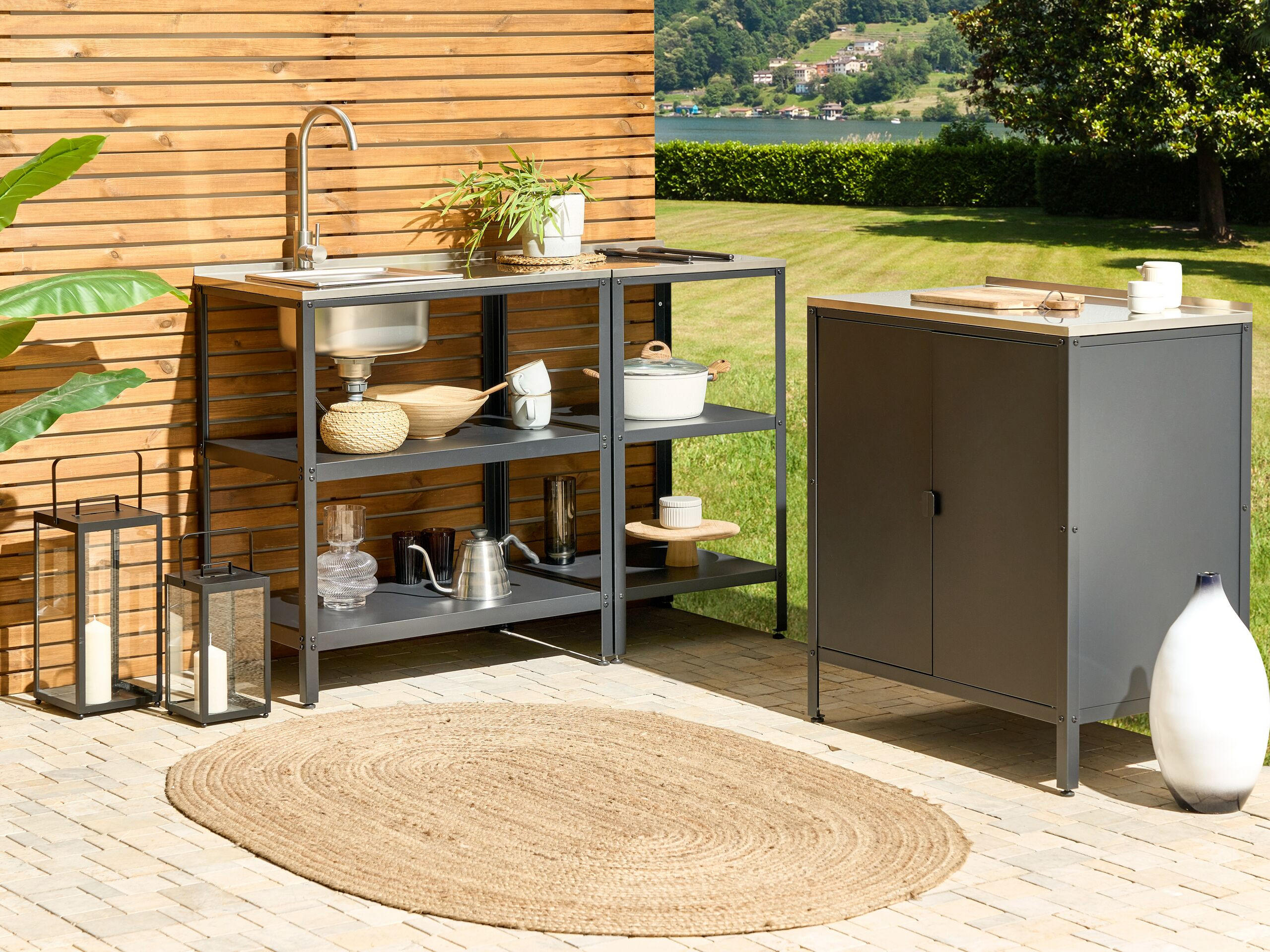 OUTDOOR-KÜCHENINSEL mit Spüle Stahl schwarz 80/50/92 cm Vilama - Silberfarben/Schwarz, Metall (80/90/50cm) - Beliani