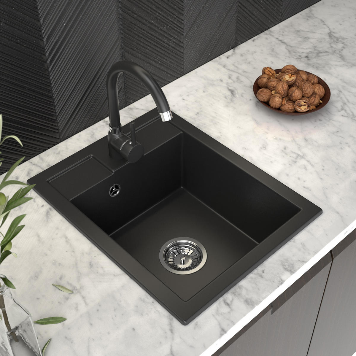 SPÜLBECKEN Best mit Batterie, Siphon - Schwarz, Kunststoff/Stein (40/50/18cm) - Granitan
